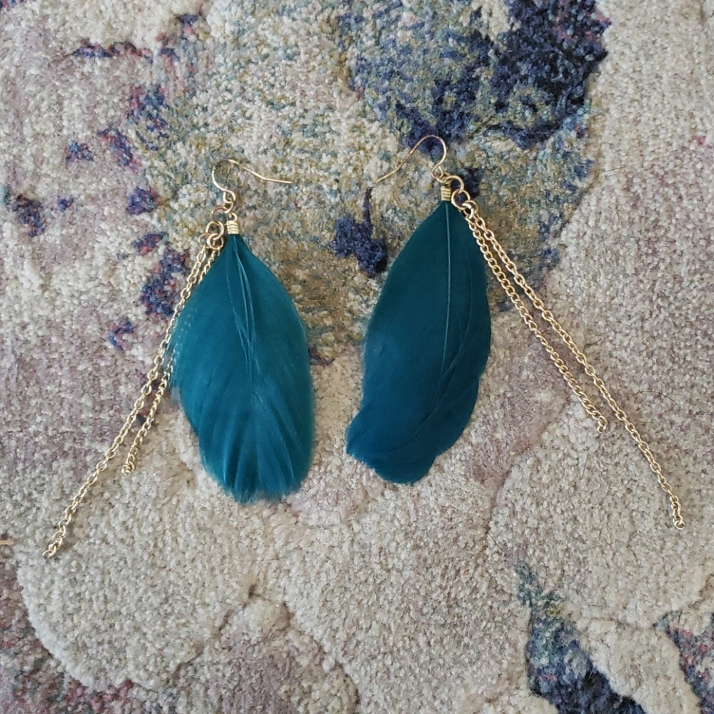 Teal feathered earrings